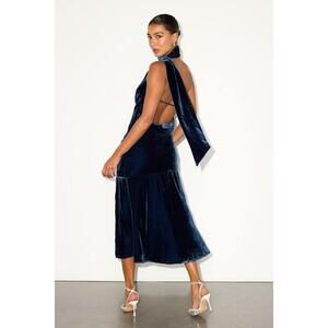Lulus Alis Navy Velvet One-shoulder Sash Midi Dress Blue - Size S